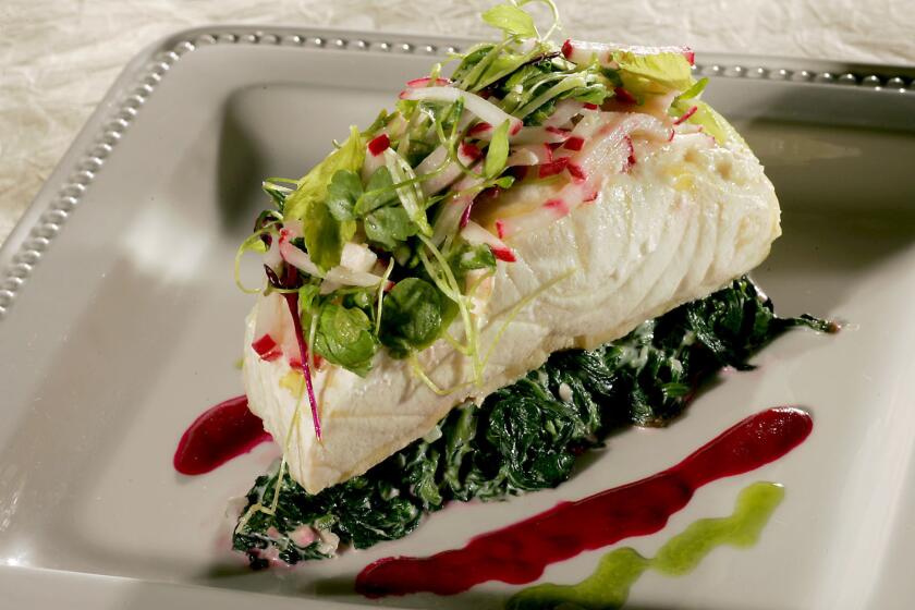 Recipe: Slow-poached sturgeon with celery and radish salad, roasted beets and creamed spinach