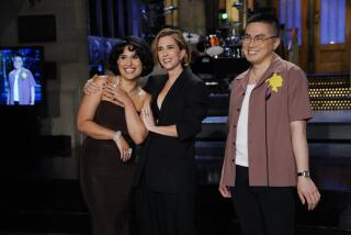 SATURDAY NIGHT LIVE -- Episode 1860 -- Pictured: (l-r) Musical guest Raye, host Kristen Wiig and Bowen Yang during Promos in Studio 8H on Thursday, April 4, 2024 -- (Photo by: Rosalind OConnor/NBC)