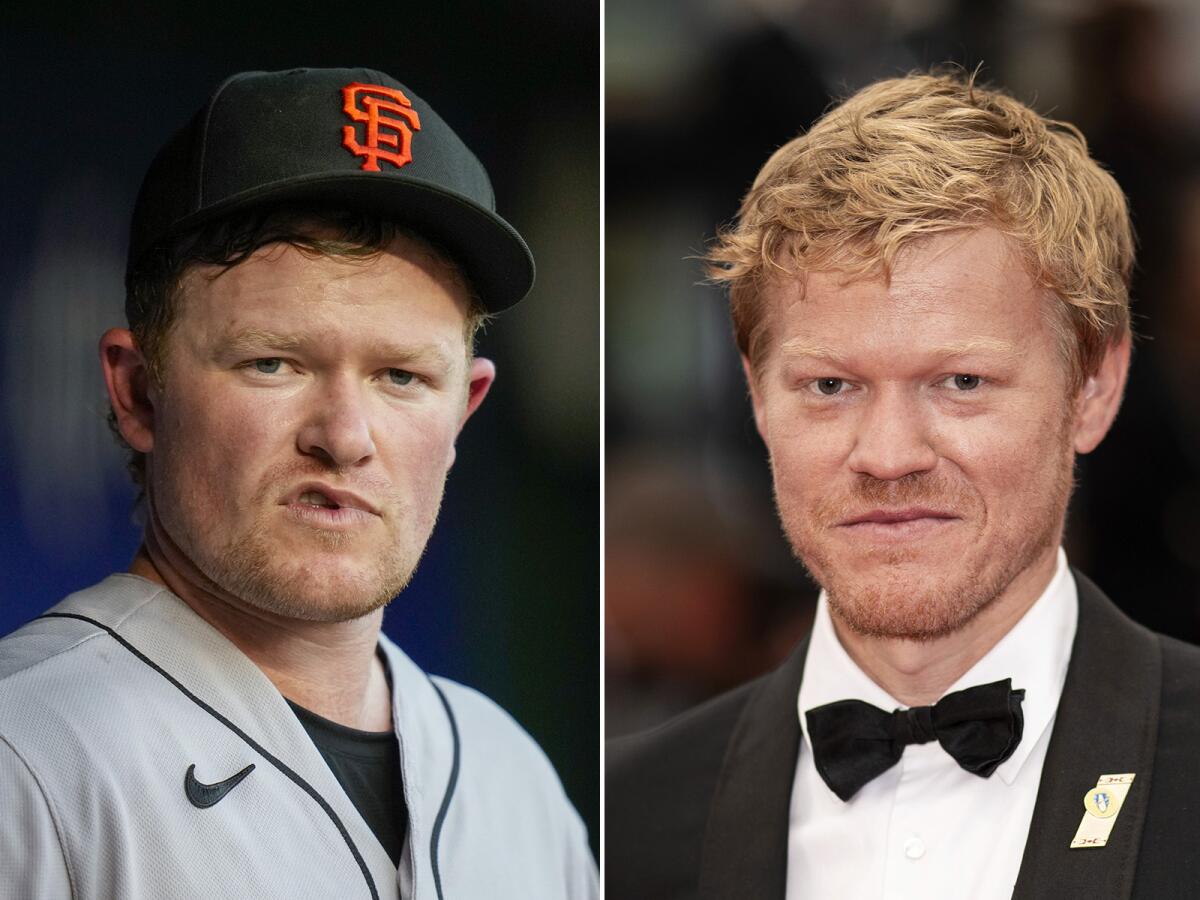 San Francisco Giants pitcher Logan Webb on the left and actor Jesse Plemons on the right.