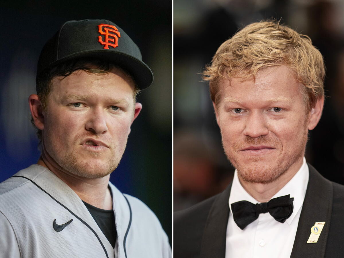 Solda San Francisco Giants atıcısı Logan Webb ve sağda aktör Jesse Plemons.
