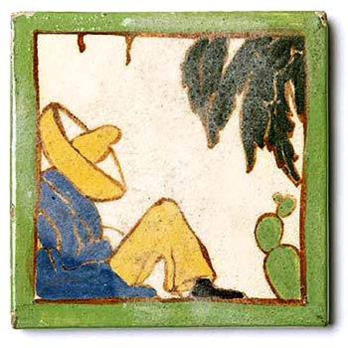 This scenic tile is representative of the common Mexican themes that run through many tile works. Because they are very rare, Brayton tiles are highly collectible and expensive. In the late 30s, the Laguna Beach pottery shop was licensed to reproduce Disney characters.