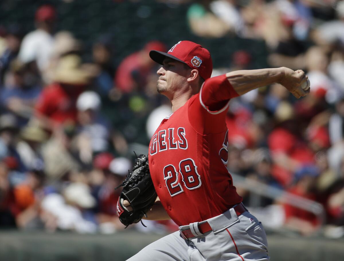 Angels starting pitcher Andrew Heaney throws during the first inning of a spring training game against the Texas Rangers.