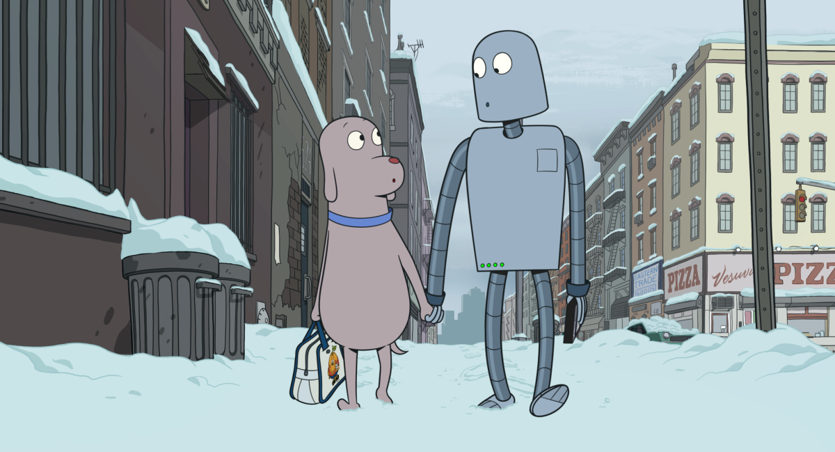 Animated friends walk on a snowy New York City street.