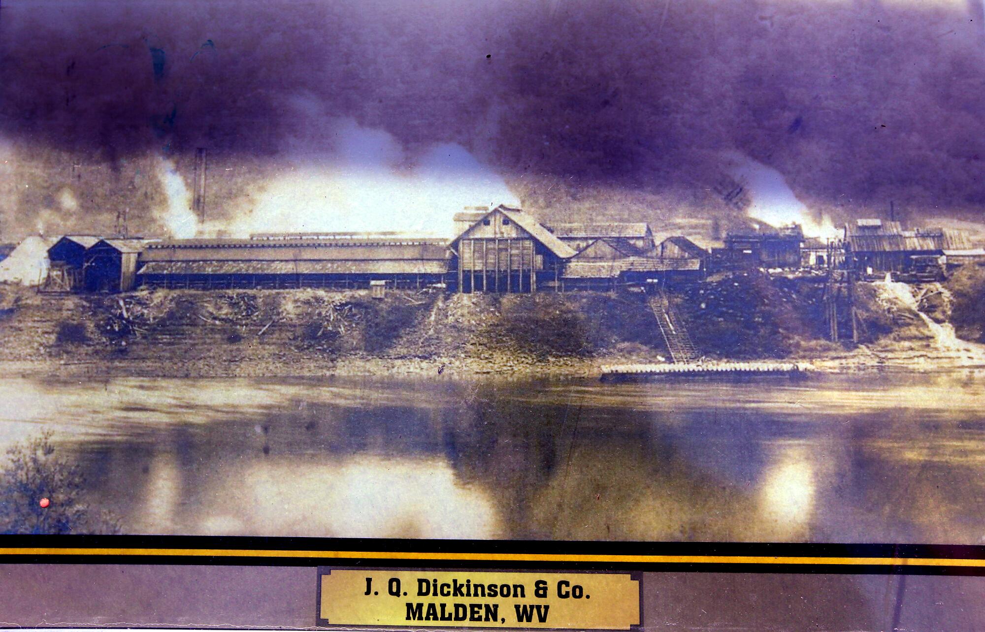Copy of a photo of the J.Q. Dickinson & Co. salt mine as seen from across the Kanawha River. 