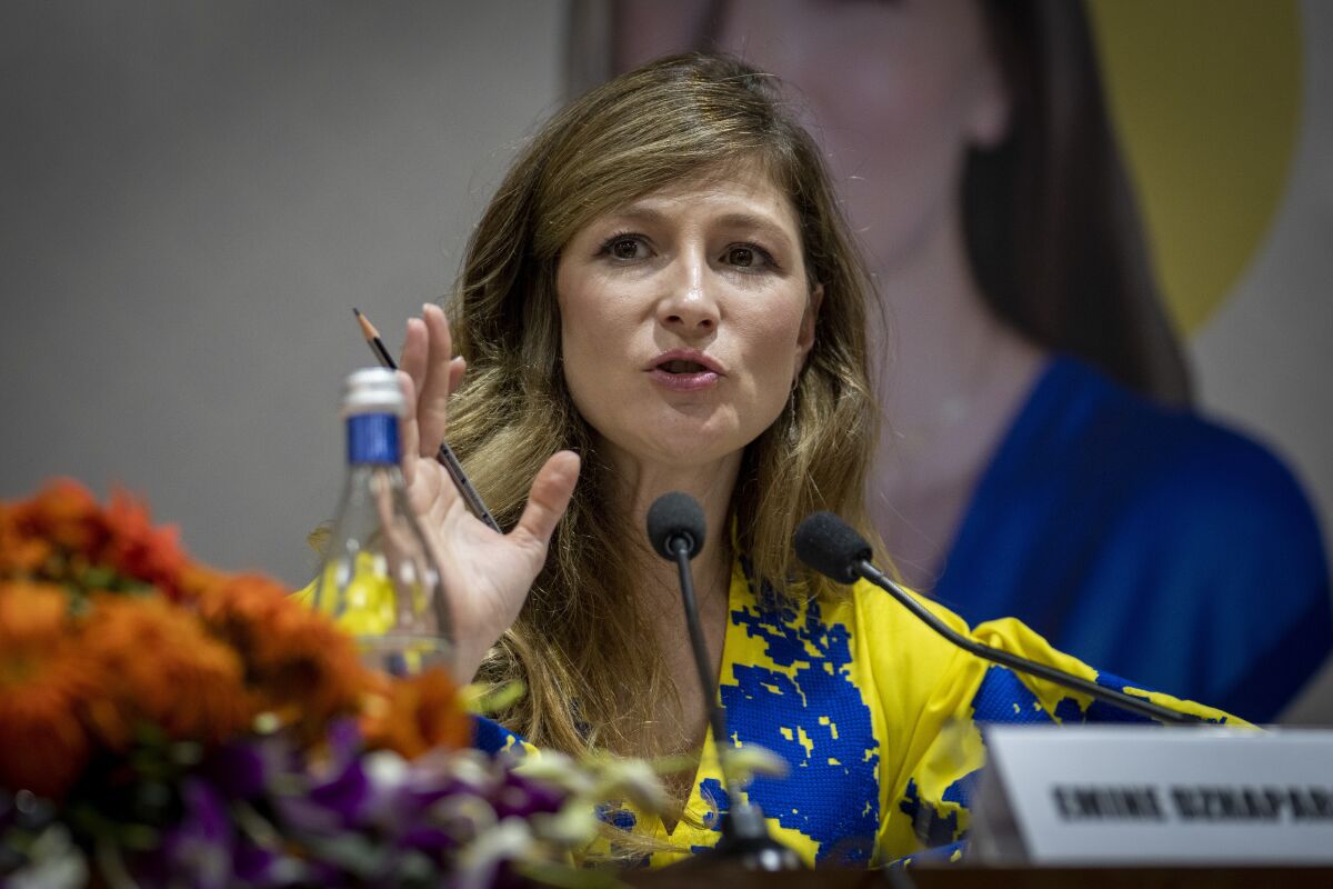 First Deputy Foreign Minister of Ukraine Emine Dzhaparova replies to a question after her talk at an event in New Delhi, India, Tuesday, April, 11, 2023. (AP Photo/Altaf Qadri)