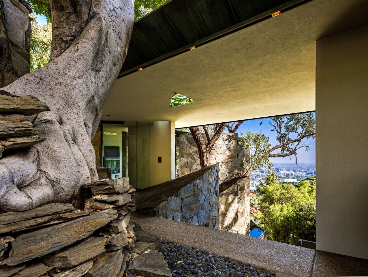 Next to the fireplace, a glass wall and thick stone blocks create an interior chamber for a mature eucalyptus tree.