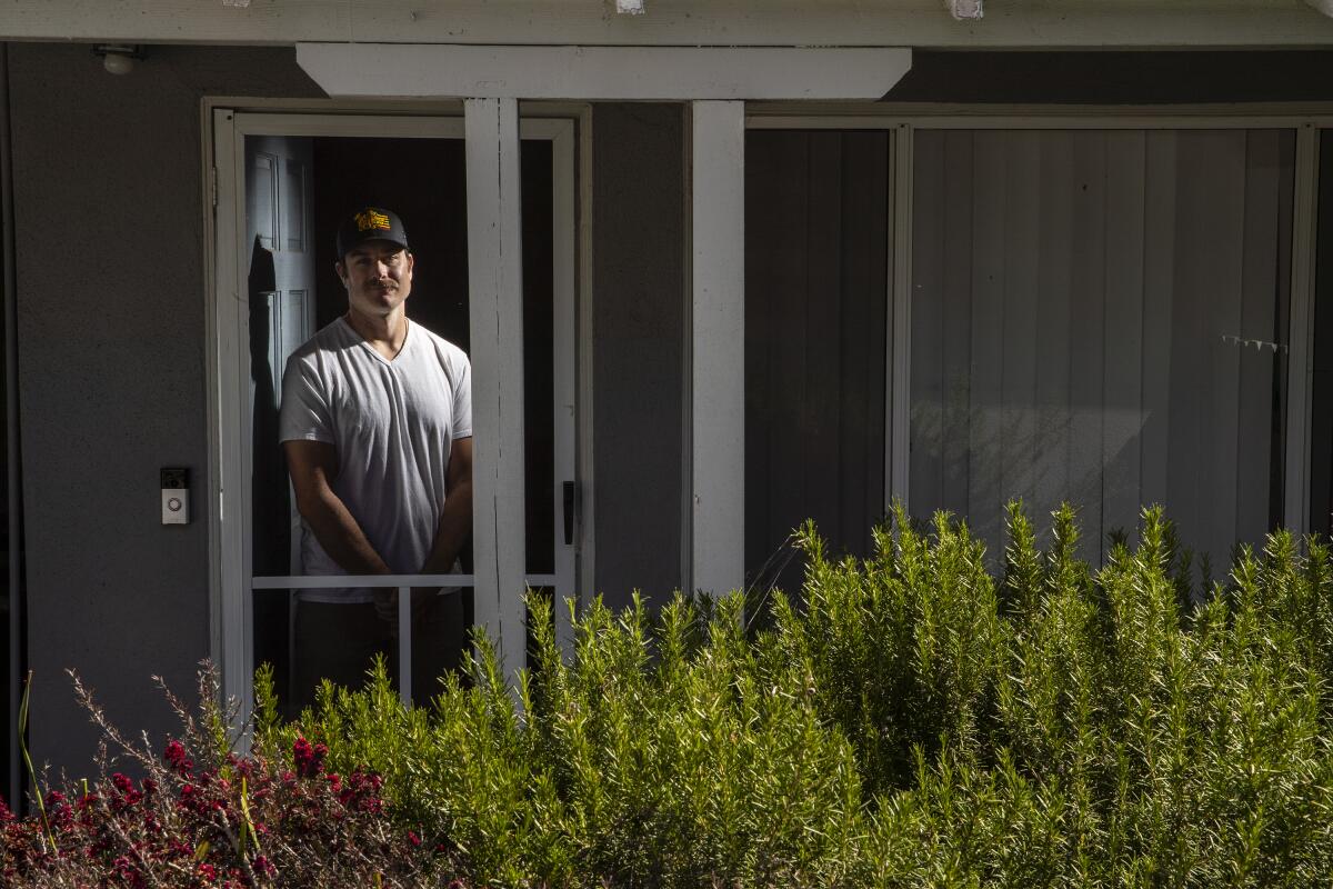 Former NFL player and L.A. firefighter Eric Stevens at his home.