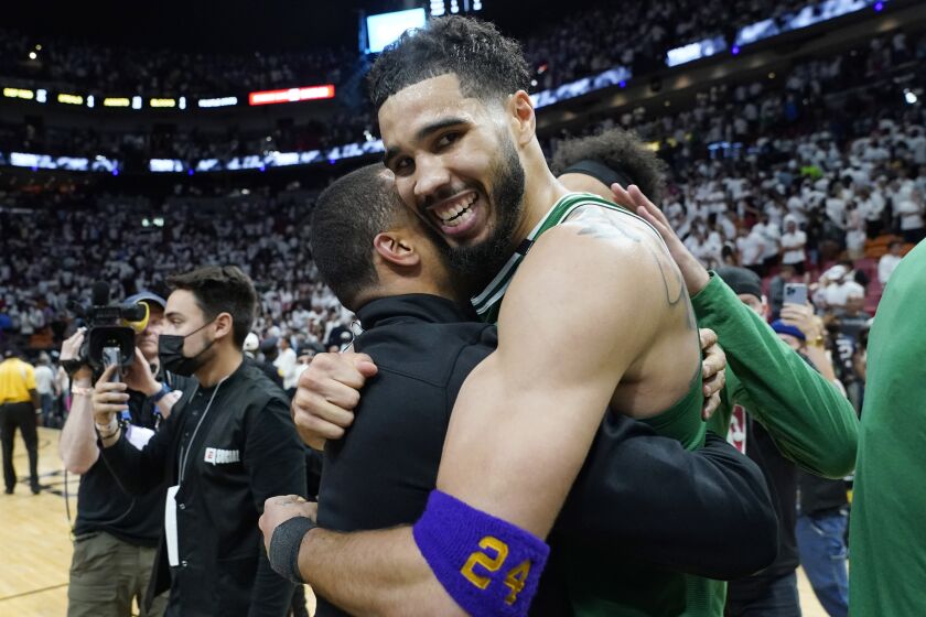 Boston Celtics forward Jayson Tatum (0) celebrates after winning Game 7 of the NBA basketball Eastern Conference finals