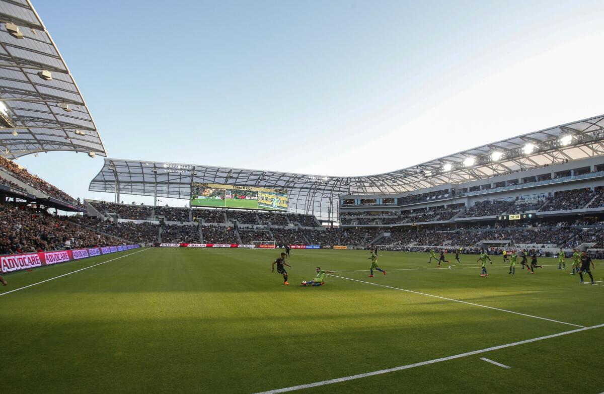 LAFC plays against the Seattle Sounders at Banc of California Stadium in April 2018.