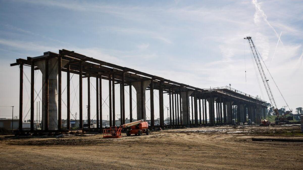 A 3,700-foot viaduct being built by Tutor Perini Corp. as part of the bullet train route in Fresno County.