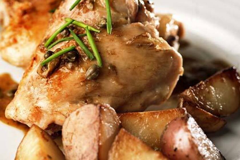 TENDER: Braised chicken with capers and new potatoes.