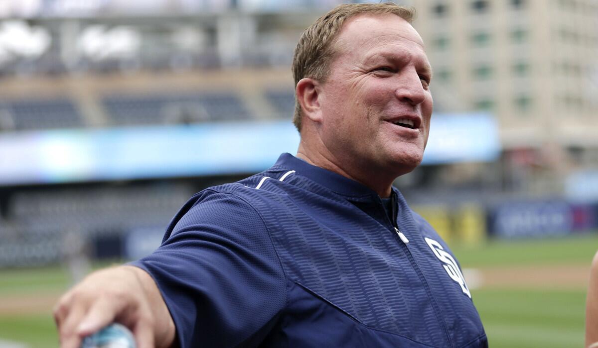Pat Murphy, the San Diego Padres interim manager, smiles before the Padres play against the Oakland Athletics on Tuesday.