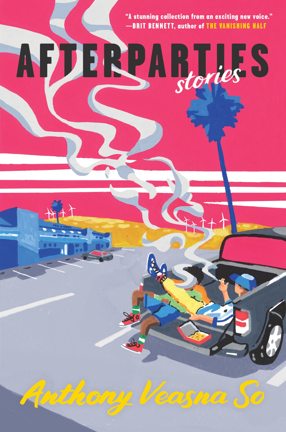 Two men smoke in the back of a truck on the cover of "Afterparties: stories," by Anthony Veasna So