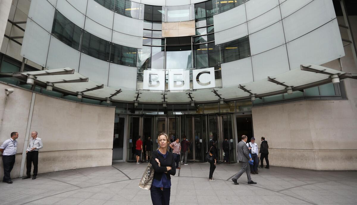 The main entrance to the headquarters of the BBC in London, where 45 female television presenters are demanding equal pay.