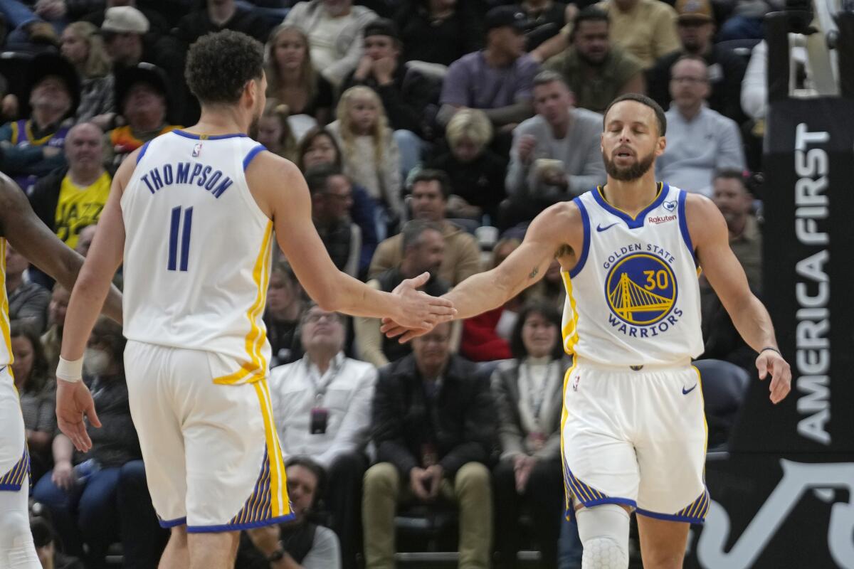 Thompson scores 26, Curry has five 3s in the 4th as Warriors beat Jazz  129-107 without Kerr - The San Diego Union-Tribune