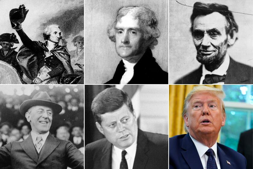 Clockwise from top left; Painting of Gen. George Washington leads in the battle at Princeton, Jan. 3, 1777; an oil painting of Thomas Jefferson in 1805; 1865 photo of President Abraham Lincoln in Washington; President Donald Trump in the Oval Office; 1961 photo of President John F. Kennedy; and 1916 photo of President Woodrow Wilson throwing out ball at a baseball game in Washington.