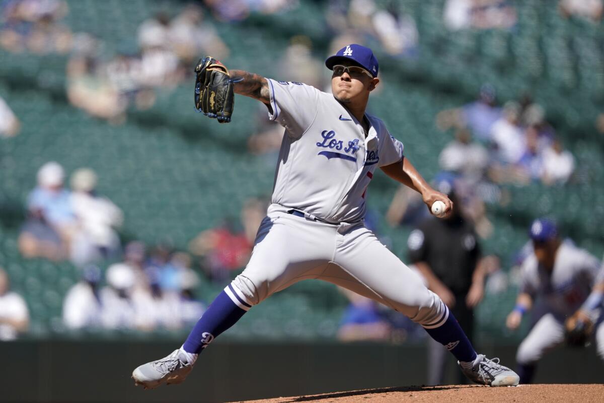 Dodgers pitcher Julio Urias throws against the Seattle Mariners.