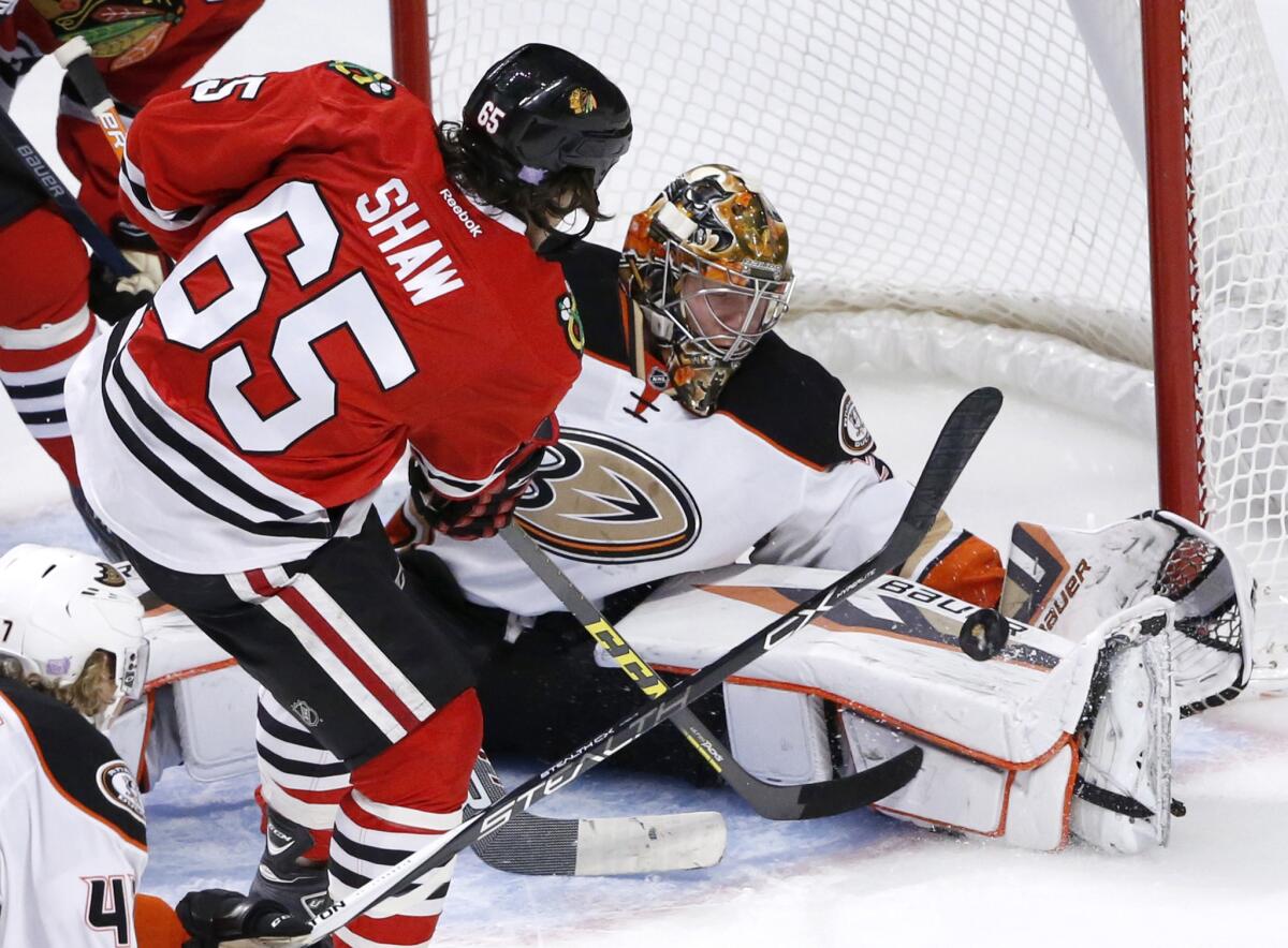 Ducks goalie Frederik Andersen makes a save on a shot from Blackhawks center Andrew Shaw during the second period.