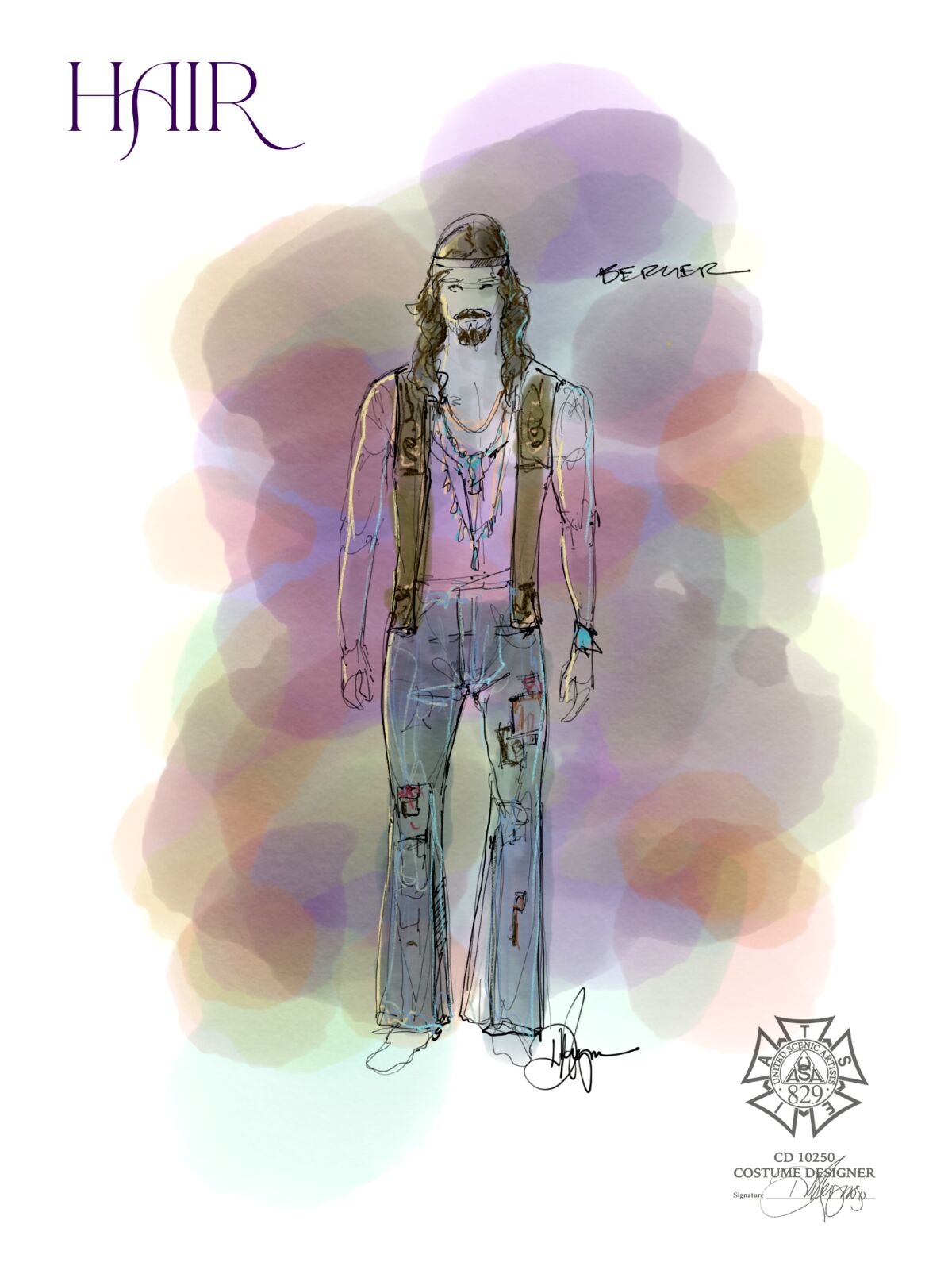 A sketch by "Hair" costume designer David Israel Reynoso for Berger, played by Andrew Polec, at The Old Globe.