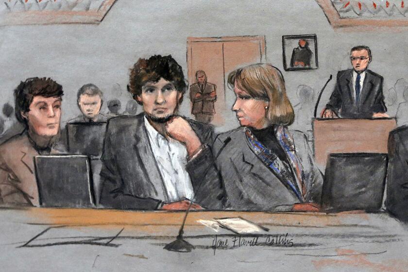 In this sketch, Dzhokhar Tsarnaev is depicted between his defense attorneys Miriam Conrad, left, and Judy Clarke during trial. To avoid the death penalty, Tsarnaev's lawyers are betting on winning the jury's mercy and portraying their young client as a pawn of his older brother.