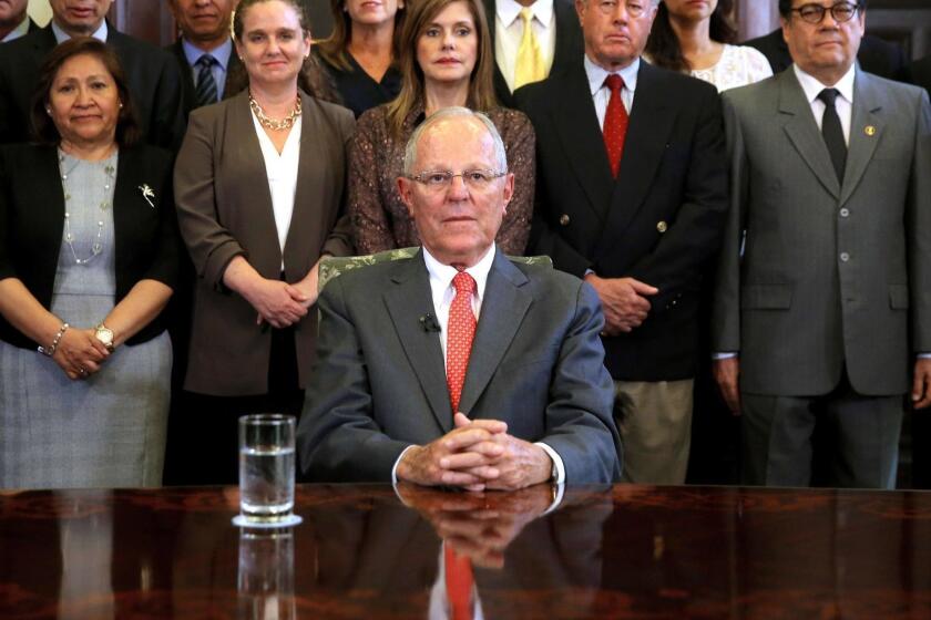 This handout picture released by the Peruvian Presidency show Peruvian President Pedro Pablo Kuczynski (C) posing with his ministerial cabinet standing behind him, at the Palace of Government in Lima before recording a televised message to the nation, in which he announced his resignation on March 21, 2018. President Pedro Pablo Kuczynski of Peru announced his resignation Wednesday in an address to the nation, the day before he was to face an impeachment vote in Congress. / AFP PHOTO / Peruvian Presidency / Juanca Guzman Negrini / RESTRICTED TO EDITORIAL USE - MANDATORY CREDIT "AFP PHOTO-Peruvian Presidency / BYLINE-Juanca GUZMAN NEGRINI" - NO MARKETING NO ADVERTISING CAMPAIGNS - DISTRIBUTED AS A SERVICE TO CLIENTS JUANCA GUZMAN NEGRINI/AFP/Getty Images ** OUTS - ELSENT, FPG, CM - OUTS * NM, PH, VA if sourced by CT, LA or MoD **