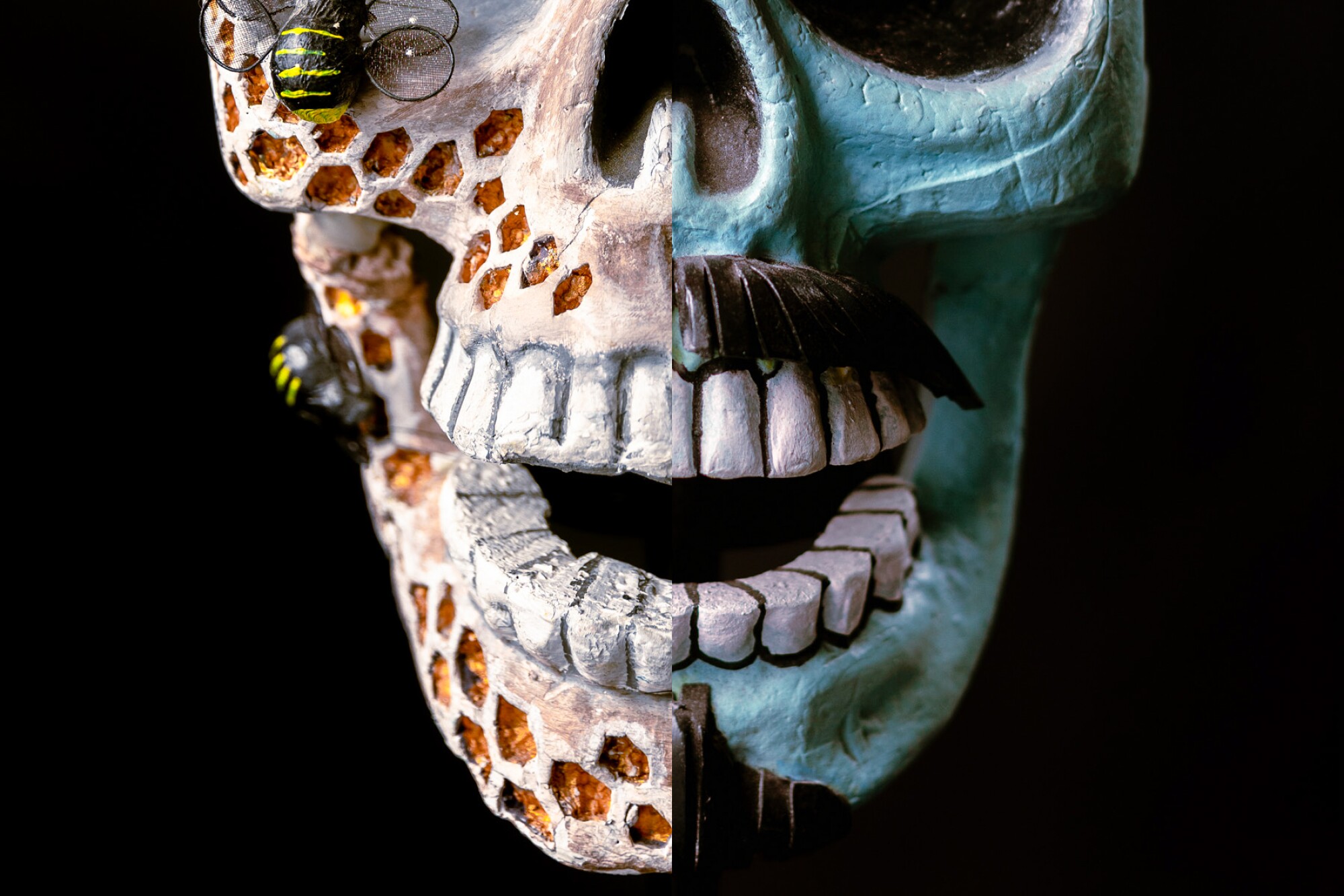 Two photos spliced into one showing the lower jaw of skull masks, one that looks like honeycomb and one that's blue.