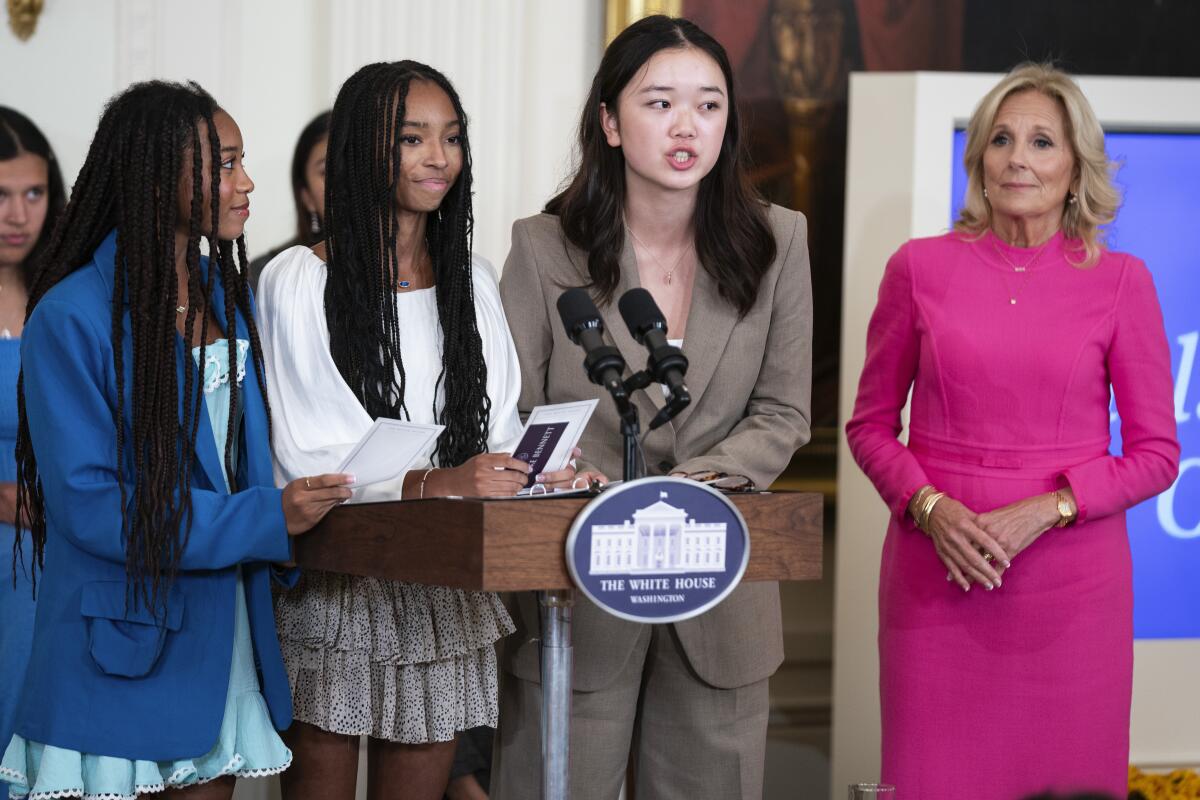 Mona Cho, of Redondo Beach, Calif., speaks during a "Girls Leading Change" celebration at the White House on Oct. 11.