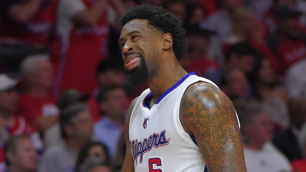 DeAndre Jordan reacts during the second half of the Clippers' loss to the San Antonio Spurs in Game 5 of the Western Conference quarterfinals at Staples Center on April 28.