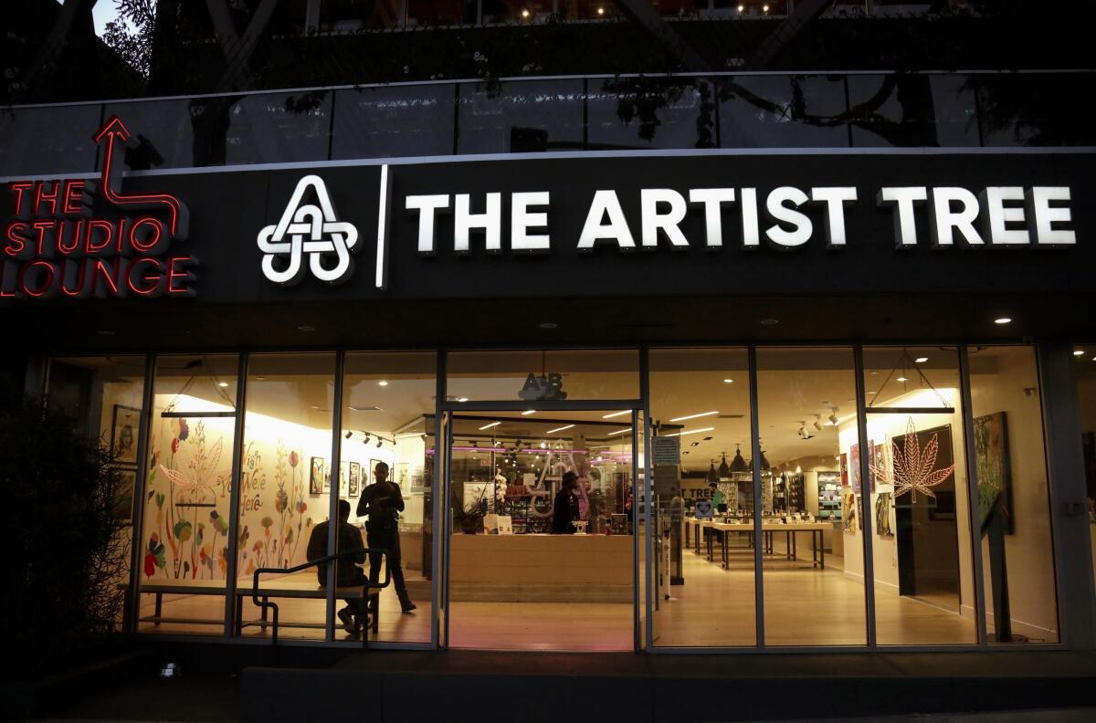 The façade of a cannabis dispensary at night with a sign that reads The Artist Tree.