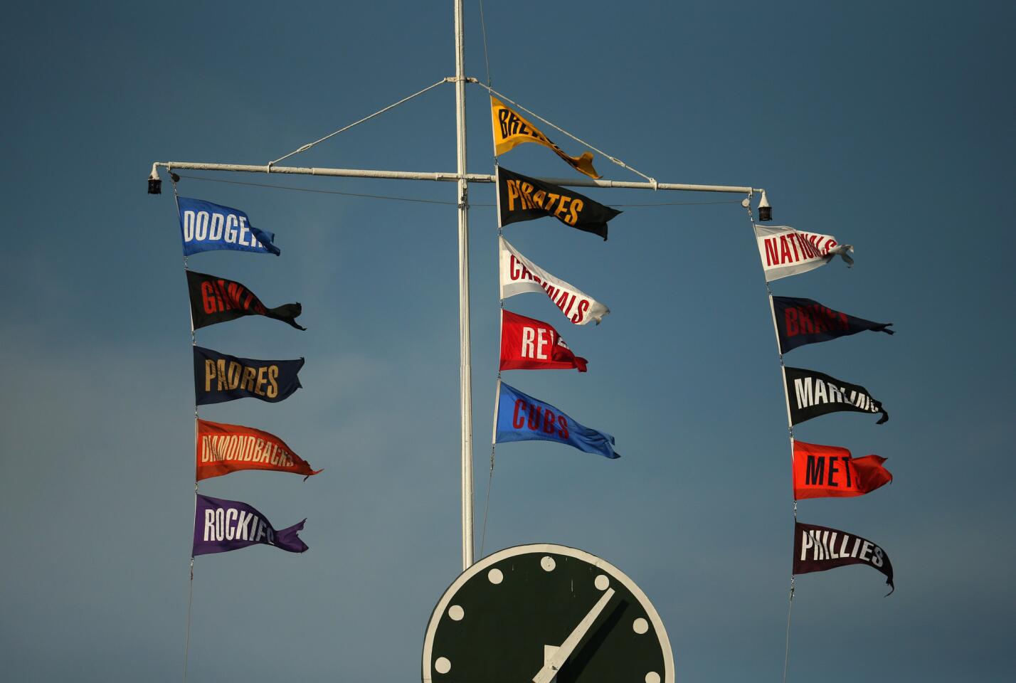 Flags over the scoreboard during the Cubs' loss to the Rays.
