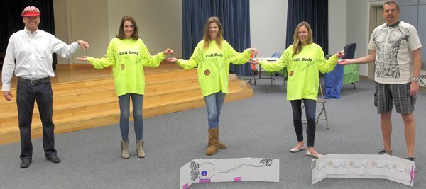 Parent volunteers demonstrate the links between the brain and nerve cells and muscles for 4th grade students at Del Mar Heights School.