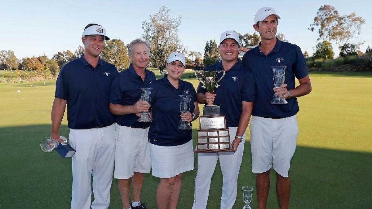 Big Canyon Country Club won the Jones Cup last year. Pictured from the left are Chris Valeriano, Todd Palmaer, Kayleigh Horn Klinzing, Robert Pang and Stewart Hagestad posing with the trophy on June 26, 2018.