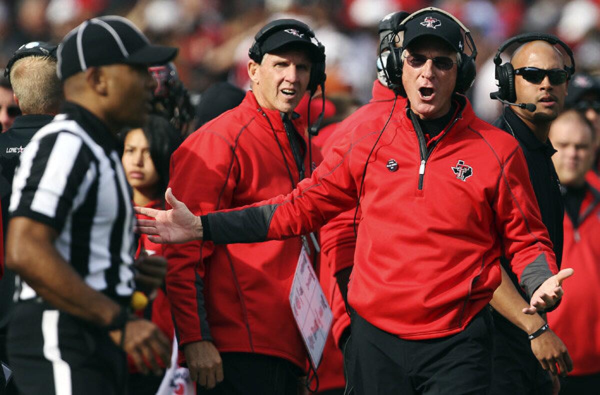 Texas Tech Coach Tommy Tuberville questions a call during the Red Raiders' game against Texas last week.
