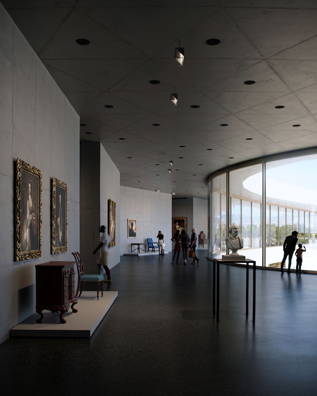 An architectural rendering shows a gallery with art and paintings on the left and curving windows on the right