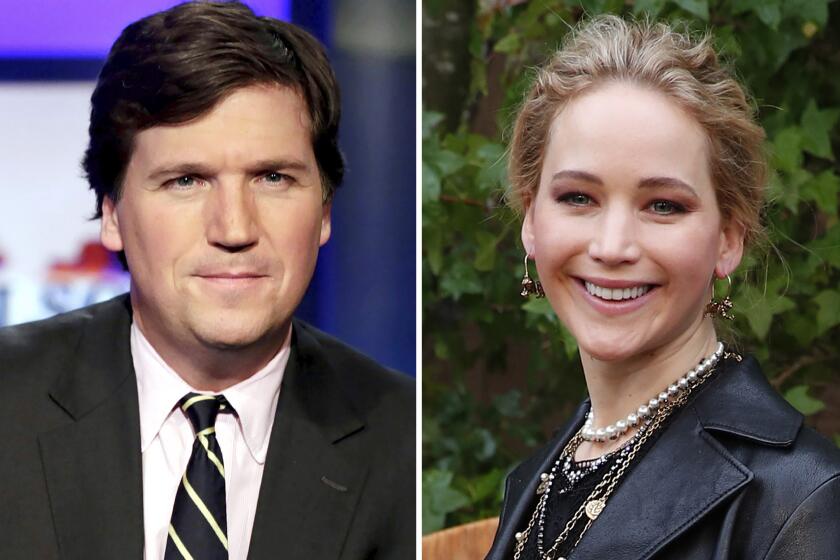 Left, Tucker Carlson, host of "Tucker Carlson Tonight," and right, 2019 photo of actress Jennifer Lawrence in Paris.