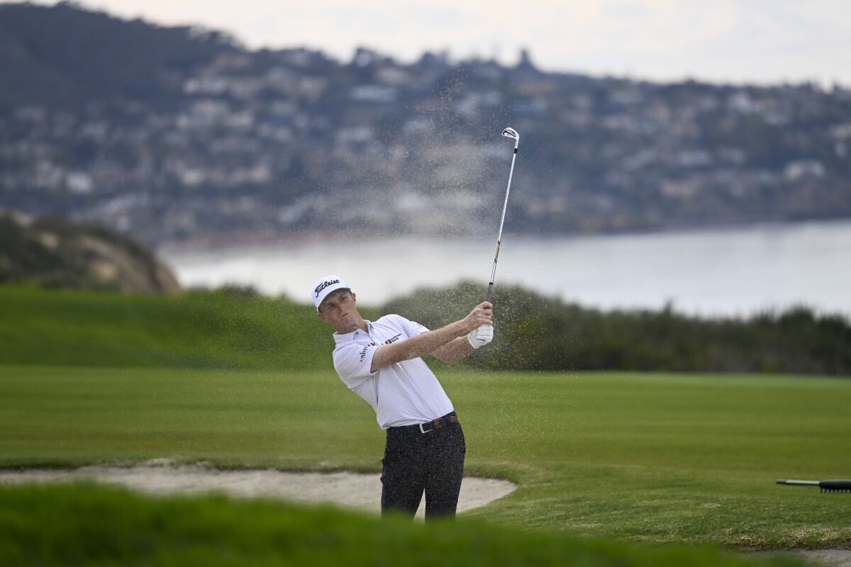 Will Zalatoris hits out of a bunker on the fourth hole during the final round of the Farmers Insurance Open.