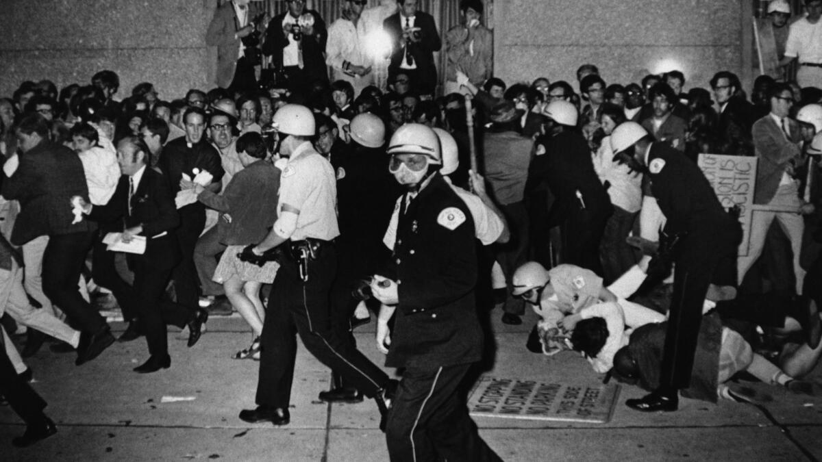 Chicago Police attempt to disperse demonstrators outside the Conrad Hilton, the downtown headquarters for the Democratic National Convention in Chicago, on Aug. 29, 1968.