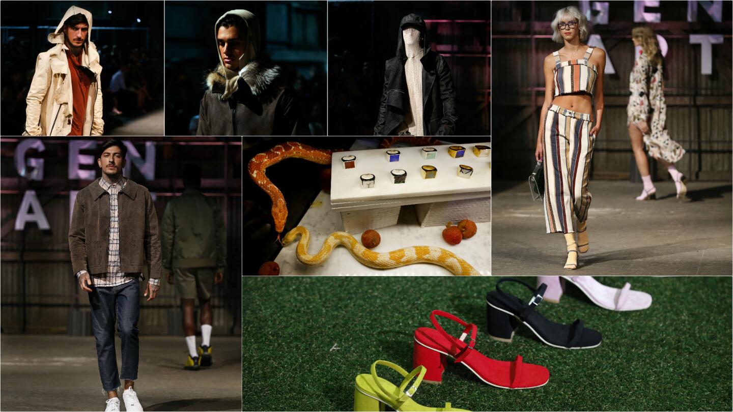 Gen Art's Fresh Faces in Fashion 2016 event, held at Willow Studios in downtown L.A. on Aug. 4, showcased, from top left, Elliott Evan (first, second and third photos) 34°N 118°W , Rafa shoes, Bristol and jewelry by Legier (center).