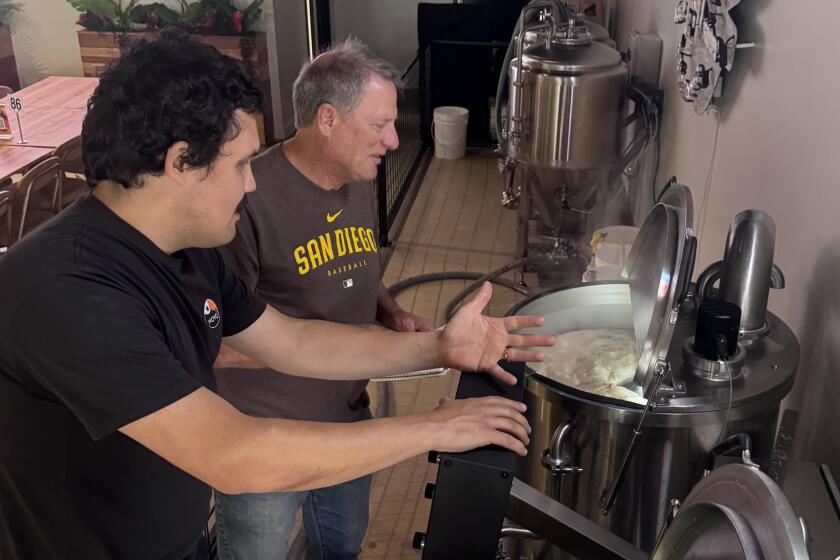 Novo Brazil Brewing's head brewer Guilherme Hoffman, left, works with beer writer Peter Rowe.