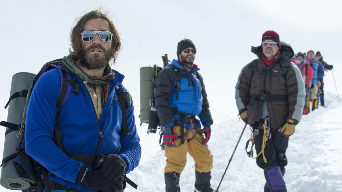 "Everest," which follows a tragic 1996 expedition on the world's highest mountain, has a top-flight ensemble cast that includes, from left, Jake Gyllenhaal, Michael Kelly and Josh Brolin.
