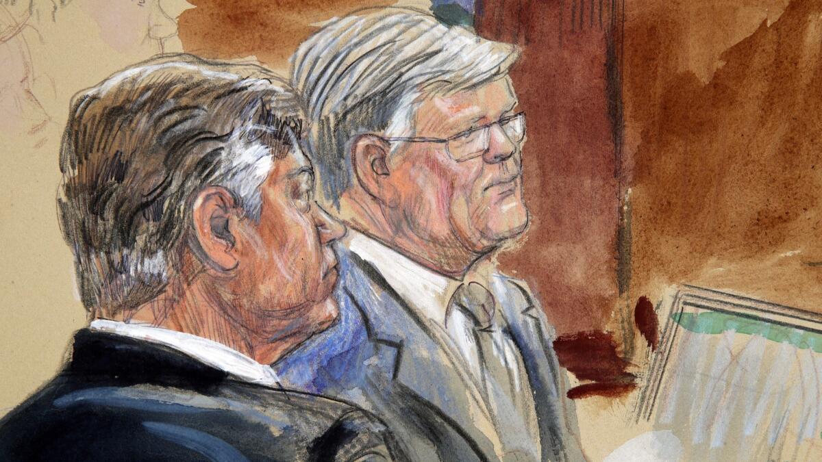 Former Trump campaign Chairman Paul Manafort, left, and his lawyer Kevin Downing are depicted in this courtroom sketch listening to testimony from government witness Richard Gates on Aug. 7.
