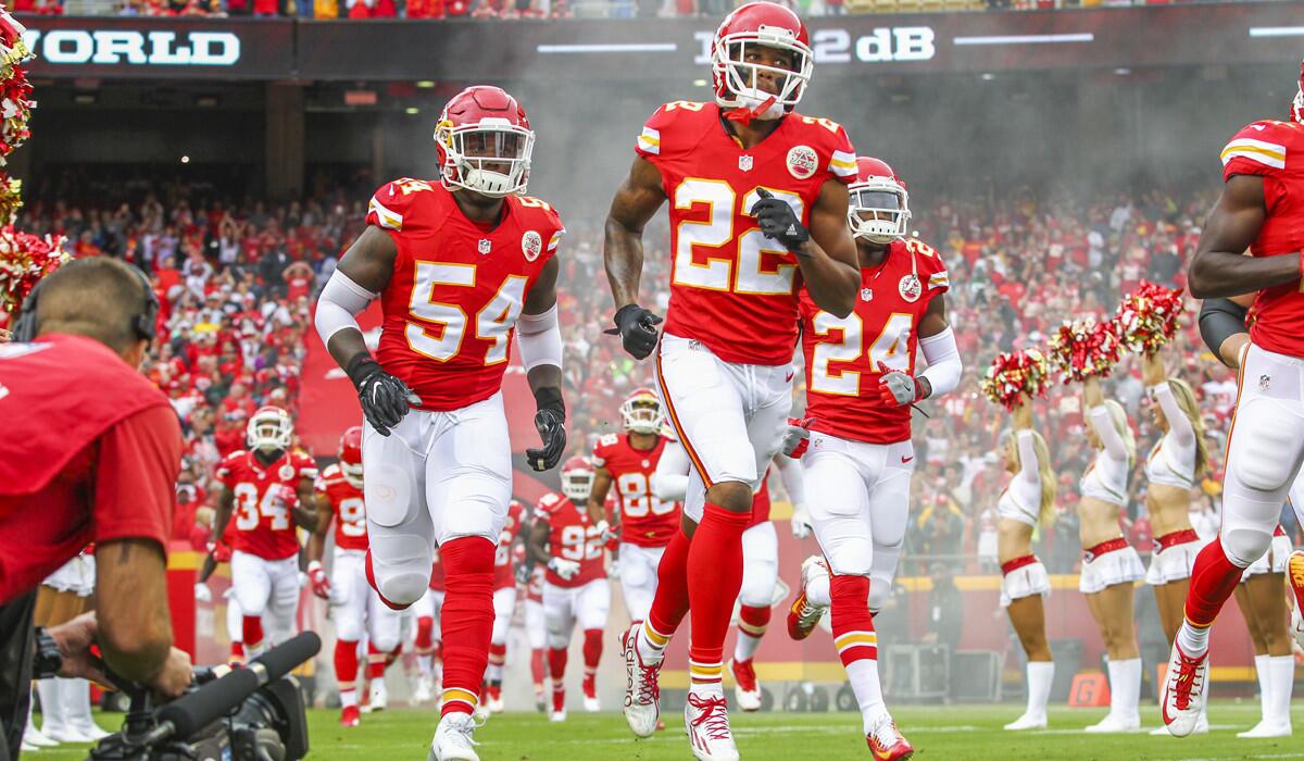 The Kansas City Chiefs take the field prior to a game against the New York Jets on Sunday.