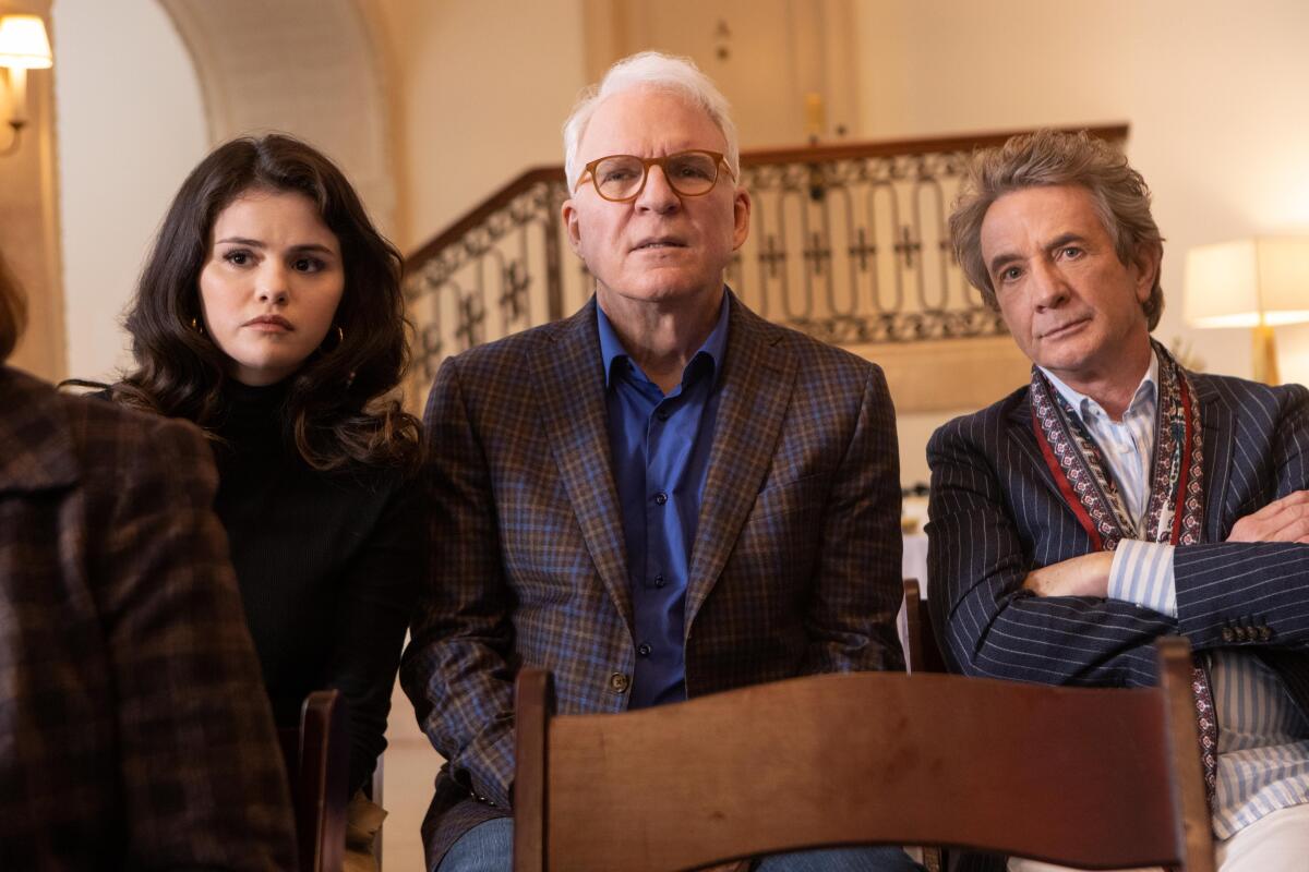 Selena Gomez, left, Martin Short and Steve Martin in “Only Murders in the Building.”