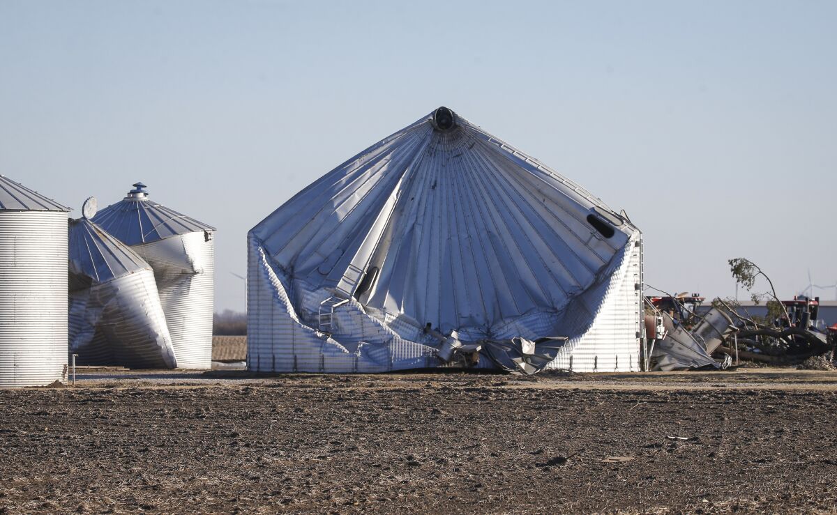 Damage to a grain bin is seen in Greene County, Iowa.