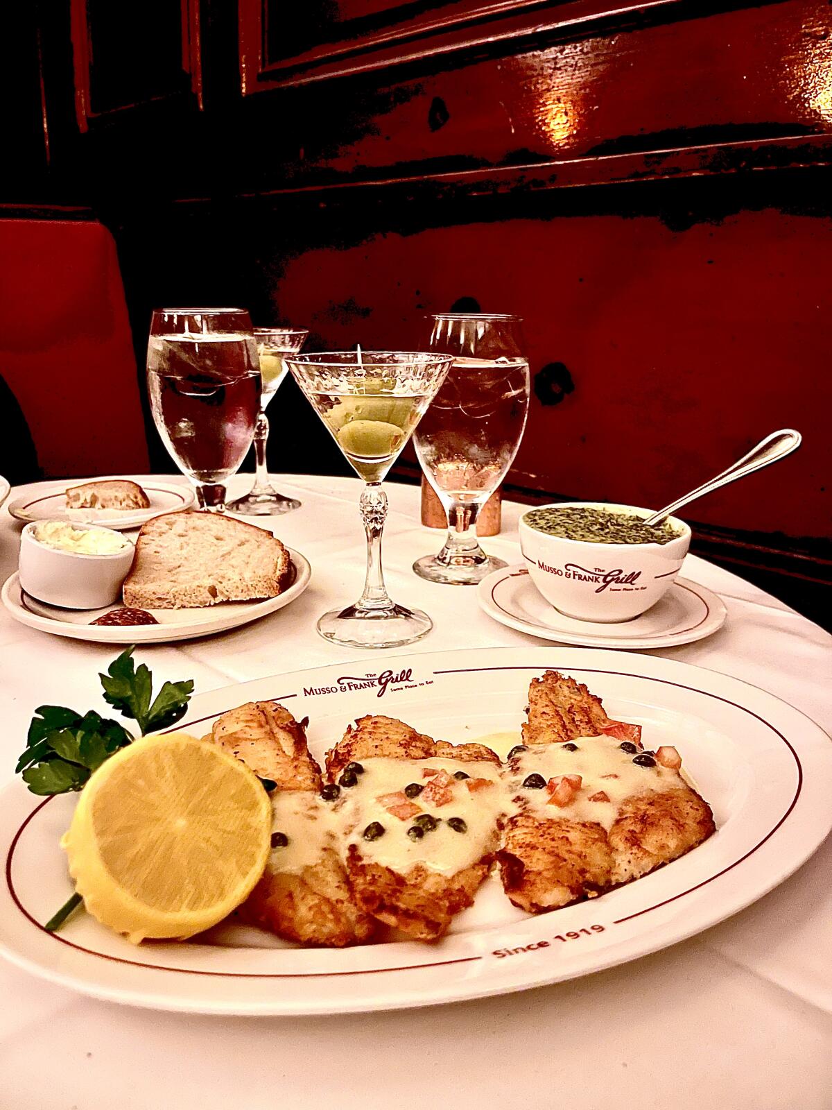 Sand dabs, creamed spinach and a martini at Musso & Frank Grill in Hollywood.
