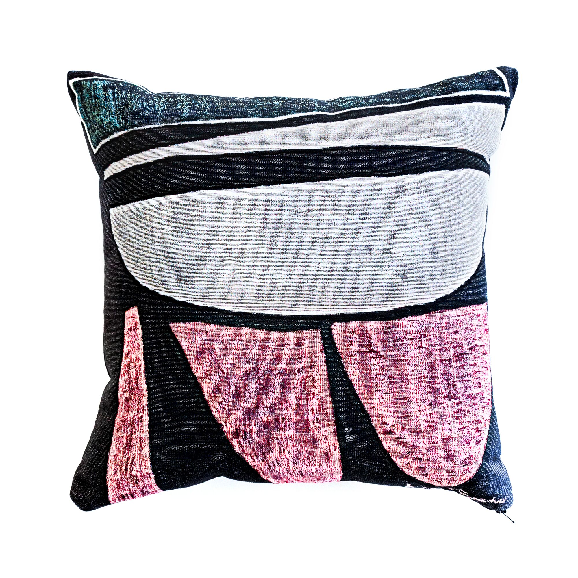 A throw pillow with an abstract design in pink, white and black
