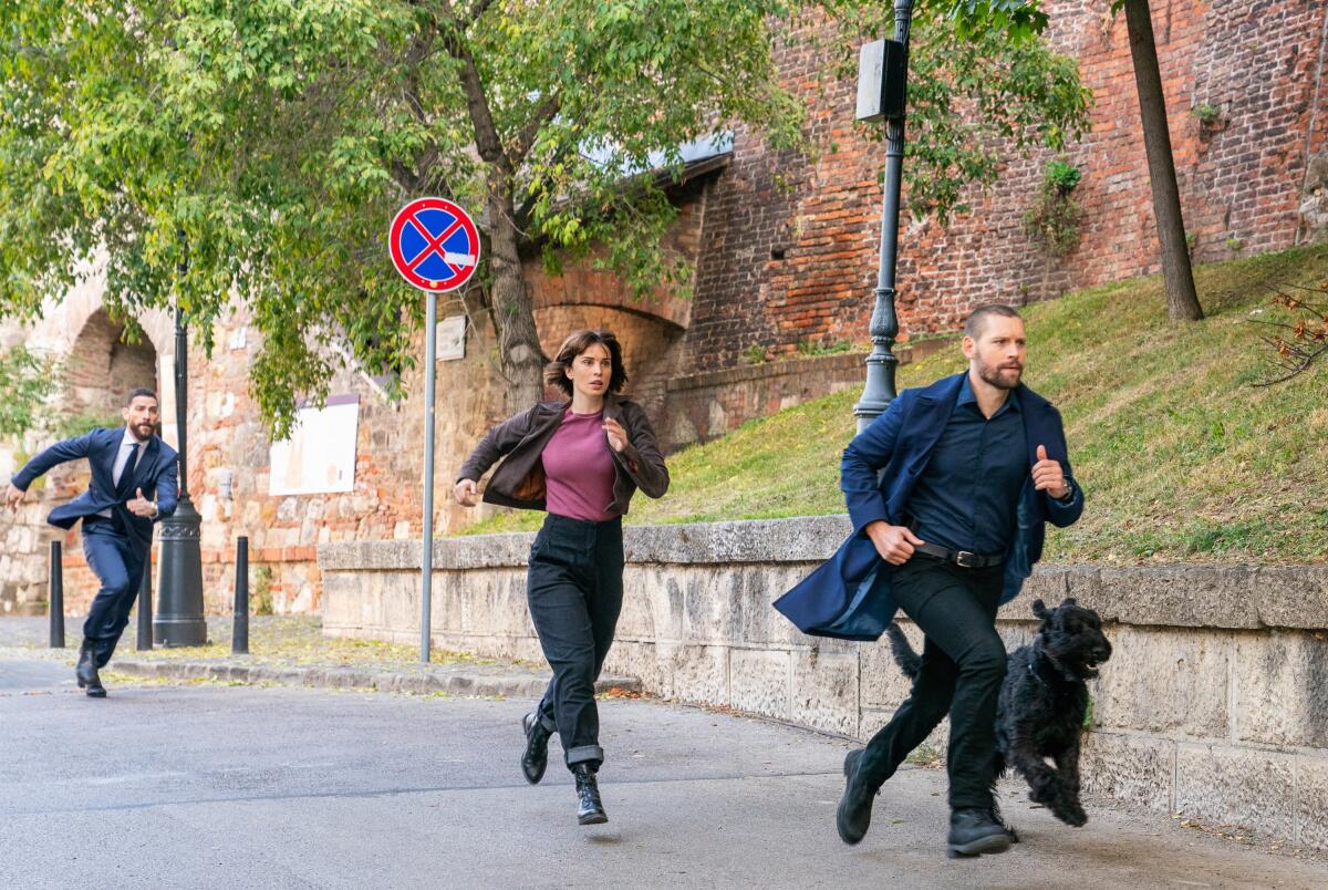 Three people and a dog running on a sidewalk