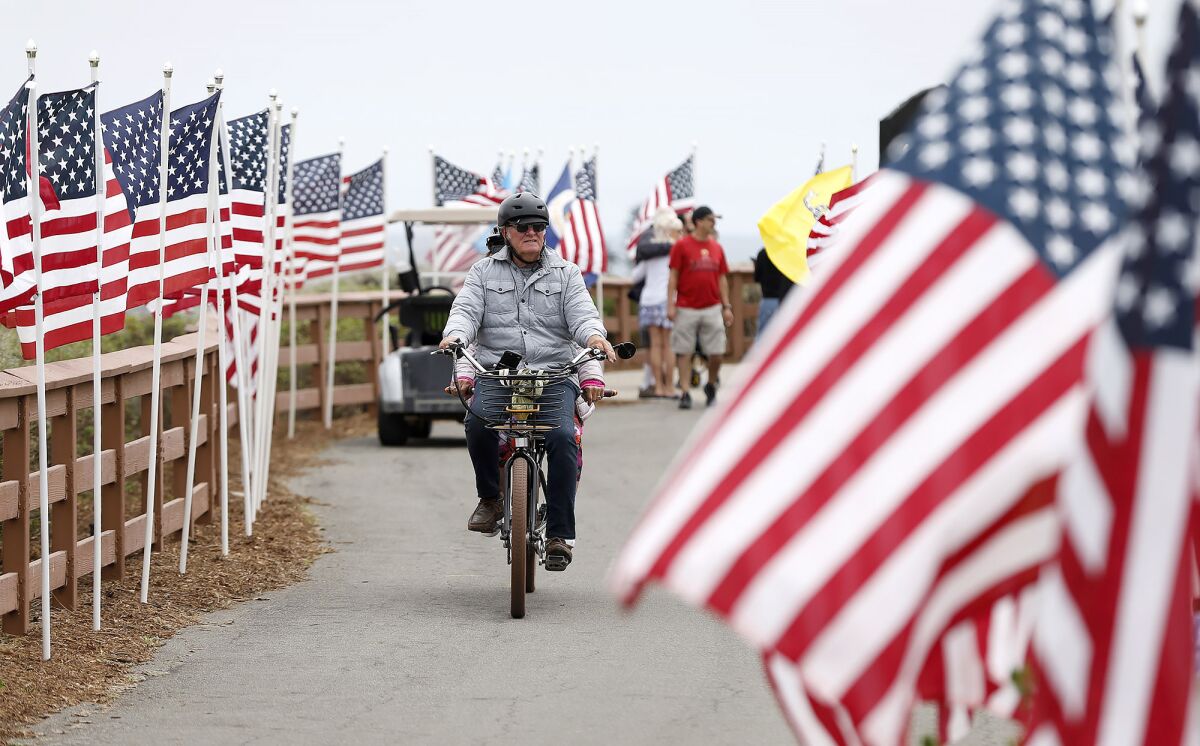 Bike riders pedal between rows of American flags posted on the pathways.