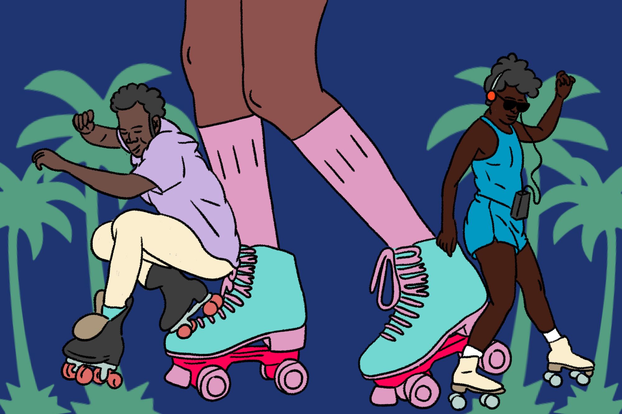 An illustration of people roller skating, a pastime that exploded during the pandemic but is rooted in L.A. Black culture.