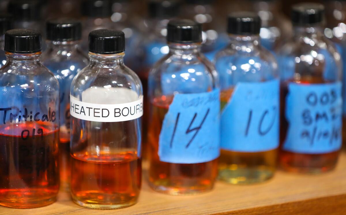Samples used for testing are in a cabinet at Pacific Coast Spirits, January 29, 2020 in Oceanside, California.